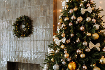 Wall Mural - Stylish interior of living room with decorated Christmas tree