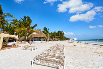 Wall Mural - Tropical sand beach with sunbeds in Zanzibar