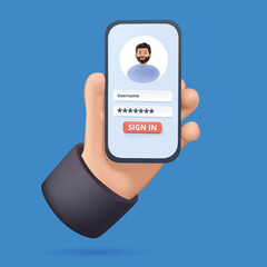 Poster - Sign in to online account on smartphone app. User interface. Secure login and password. 3D Vector Illustrations. Hand holding mobile smart phone with log in app. Free to edit 3D vector. UI interface