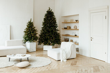 Wall Mural - Stylish living room interior with little fir trees and Christmas decorations