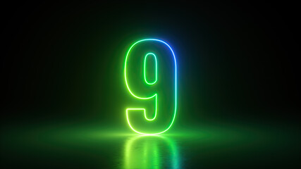 3d render, number nine glowing in the dark with green blue neon light