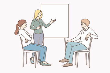 Business meeting and negotiations concept. Group of business partners colleagues having meeting brainstorm discussion or coach presenting lesson vector illustration 