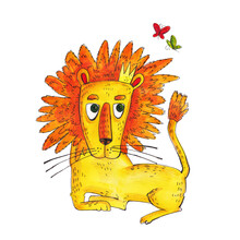 Watercolor Illustration With A Lion, Children's Drawing Of A Yellow Lion