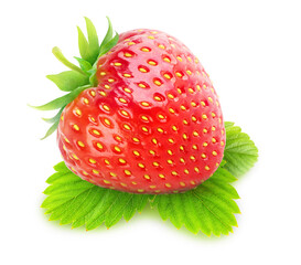 Fototapete - Isolated fruit. One raw strawberry on leaf isolated on white background
