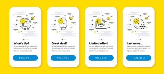 Poster - Vector set of Refresh like, Augmented reality and Smartwatch line icons set. UI phone app screens with line icons. Freezing timer icon. Thumbs up counter, Phone simulation, Digital time. Vector