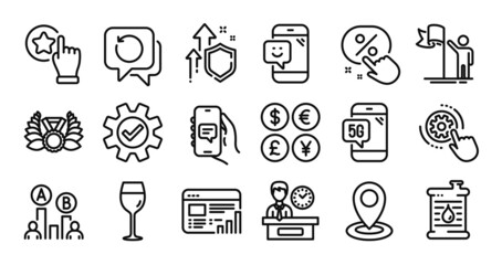 Chat app, Oil barrel and Presentation time line icons set. Secure shield and Money currency exchange. Location, 5g phone and Laureate medal icons. Ab testing, Smile and Rate button signs. Vector