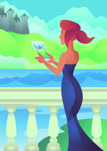 Young Girl Woman With A Tablet Computer In Her Hands. Female Character On The Background Of A Lake And A Castle In The Mountains. Vintage Color Flat Illustration.