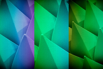 Poster - volumetric structure of chaotic pyramidal protrusions in perspective of spectral colors blurred image , 3d render, acoustics