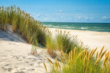 Fototapeta Łazienka - Summer beach ona Baltic Sea, sand, green grass and blue sky