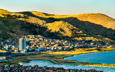 Sticker - View of Puno with Lake Titicaca in Peru, South America