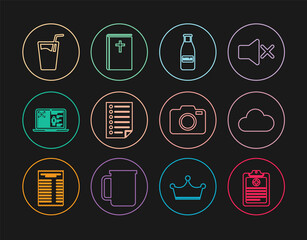 Sticker - Set line Clinical record, Cloud, Glass bottle milk and cap, Document, Medical clinical, with water, Photo camera and Holy bible book icon. Vector