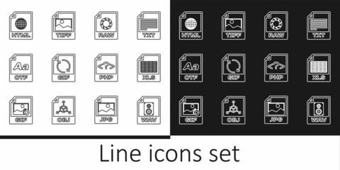 Set line WAV file document, XLS, RAW, GIF, OTF, HTML, PHP and TIFF icon. Vector