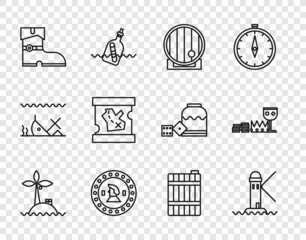 Poster - Set line Tropical island in ocean, Lighthouse, Wooden barrel, Pirate coin, Leather pirate boots, treasure map, and Treasure riches icon. Vector