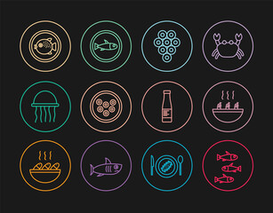 Sticker - Set line Fishes, Soup with shrimps, Caviar, on plate, Jellyfish, Puffer, Sauce bottle and Served icon. Vector