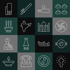 Sticker - Set line Christian cross, Chicken tikka masala, Hindu swastika, Wood cricket bat and ball, India map, Incense sticks, Indian textile fabric and Taj Mahal icon. Vector