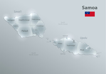 Samoa map and flag, administrative division, separates regions and names, design glass card 3D vector