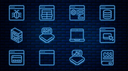 Set line Books about programming, Browser files, setting, Processor, Computer, System bug, Laptop and MySQL code icon. Vector