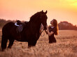 A girl next to a friesian horse at sunset in a field