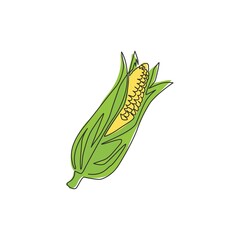 Wall Mural - One single line drawing of whole healthy organic corn crop for farm logo identity. Fresh maize concept for starchy vegetable icon. Modern continuous line draw graphic design vector illustration