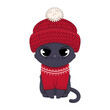 Ręcznie rysowany uroczy mały kotek w wełnianej czapce z pomponem i czerwonym sweterku. Wektorowa ilustracja siedzącego kota. Kot w ciepłym ubraniu gotowy na zimę i śnieg.