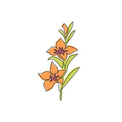 Wall Mural - One single line drawing of beauty fresh orchid for home wall decor art poster. Printable decorative orchidaceae flower concept. Modern continuous line draw design graphic vector illustration
