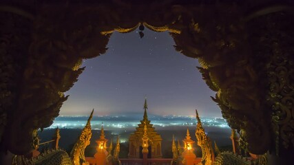 Wall Mural - timelapse 4k. beautiful landscape at night and star from the viewpoint of wat phra that doi phra cha