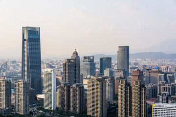  Panoramic cityscape of Taipei Xinyi Financial District from the top of the Xiangshan mountain in Taipei Taiwan.