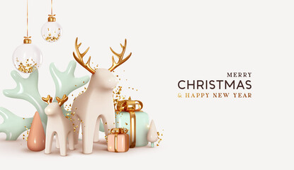 Wall Mural - merry christmas and happy new year winter festive composition. xmas background realistic 3d decorati