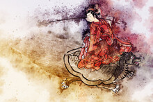 浮世絵　龍にのっている少女　その2	　水彩風