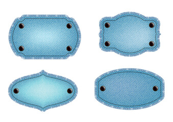 set of blue denim patches with stitch, rivets and fringe. light blue denim. vintage patches