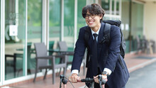 Successful Young Businessman Executive Commuting By Bike To His Company.