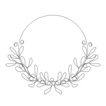 One Line Circle Frame With Christmas Mistletoe Branch. Continuous Line Drawing Isolated On White Background.