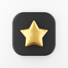 Poster - Gold star icon in cartoon style. 3d rendering black square key button, interface ui ux element.