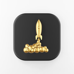Poster - Golden space rocket launch icon. 3d rendering black square key button, interface ui ux element.