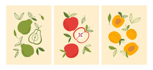 Set Of Simple Posters With Fruits. Cards With Pears, Apricots, Apples. Vector Flat Illustration
