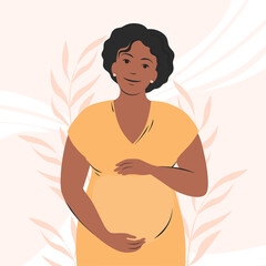 Wall Mural - Pregnant black woman, future mom of African appearance, standing in nature and hugging belly with arms. Health, care, pregnancy, motherhood concept. Flat vector illustration.