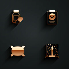 Set Sleeping pill, Medical prescription, Pillow and Window with curtains icon with long shadow. Vector