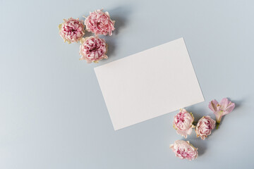 Wall Mural - Blank paper sheet card with mockup copy space, pink rose flower buds on blue background. Minimal aesthetic business brand, blog, social media template background. Flat lay, top view