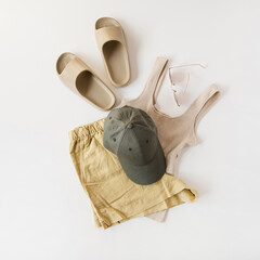 Wall Mural - Minimal fashion concept with women's clothes for summer chill on white background. Beige slippers, top, sunglasses, shorts, cap. Flat lay, top view