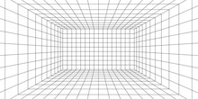 3d Wireframe Grid Room. 3d Perspective Laser Grid 16 9. Cyberspace White Background With Black Mesh. Futuristic Digital Hallway Space In Virtual Reality. Vector Illustration.