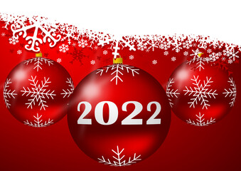 Wall Mural - Happy new year eve 2022 illustration, greeting card with christmas red balls and white snowflakes, xmas background with empty copy space for your text