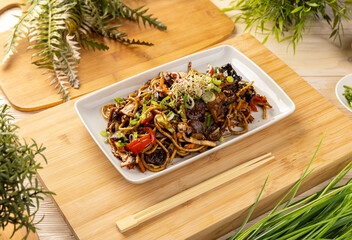 Canvas Print - Noodles stir fry with mushrooms