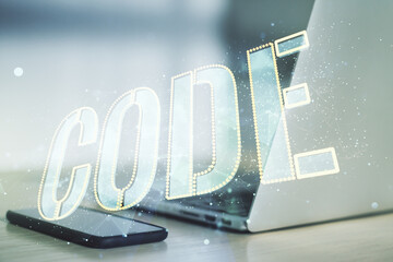 Poster - Creative Code word sign on modern computer background, international software development concept. Multiexposure