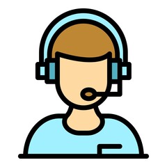 Sticker - Woman headset icon. Outline woman headset vector icon color flat isolated