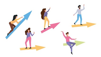 Sticker - People flying on arrows. Career development and growth way, leader or boss. Business man woman go to goals vector characters