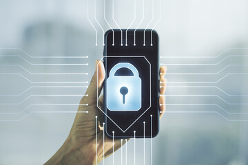 Aufkleber - Creative lock illustration with microcircuit and hand with mobile phone on background, cyber security concept. Multiexposure