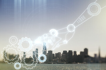 Aufkleber - Abstract virtual robotics technology hologram on San Francisco skyline background. Robot development and automation concept. Multiexposure