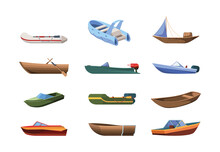 Wooden Boats. Sea Or Ocean Transport Boats Little Ships Garish Vector Cartoon Water Vehicles