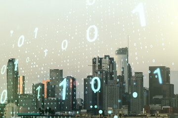 Leinwandbilder - Abstract virtual binary code sketch on Los Angeles office buildings background, hacking and matrix concept. Multiexposure