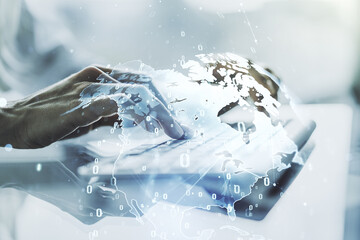 Fototapete - Multi exposure of abstract programming language hologram with world map and hands typing on computer keyboard on background, artificial intelligence and neural networks concept